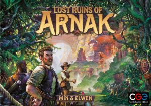 The Lost Ruins of Arnak board game box, picturing three adventurers approaching a lost temple through the jungle